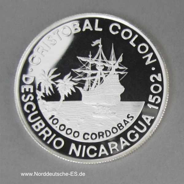 Nicaragua 10000 Cordobas Silbermünze Nicaragua Discovery 1989 PP