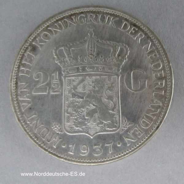 Niederlande 2 ½ Gulden Silbermünze 1937 Wilhelmina