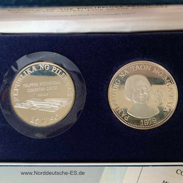 Philippinen 25 Piso 50 Piso Silbermünzen 1979 Jahr des Kindes UN Konferenz in Manila Etui Zertifikat