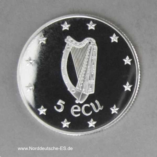 Irland 5 Ecu Silber Präsidentschaft im Europarat Irischer Hirsch 1990 Zertifikat OVP