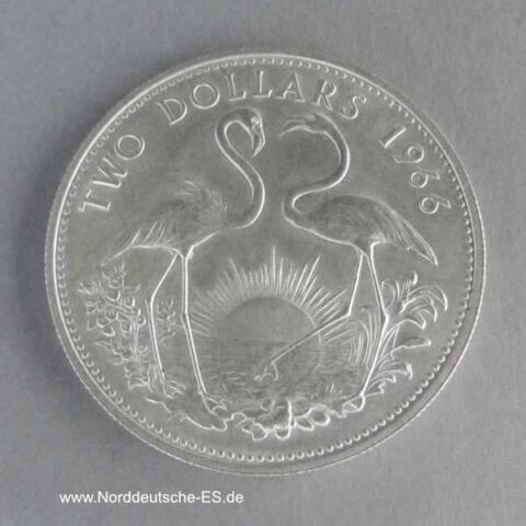 Bahamas 2 Dollars Silbermünze Flamingo 1966 Stempelglanz