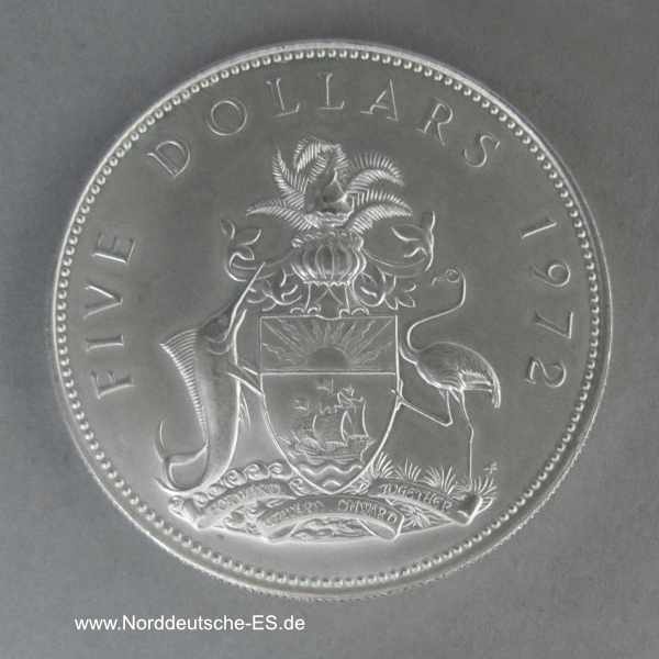 Bahamas 5 Dollars Silbermünze 1972 Stempelglanz