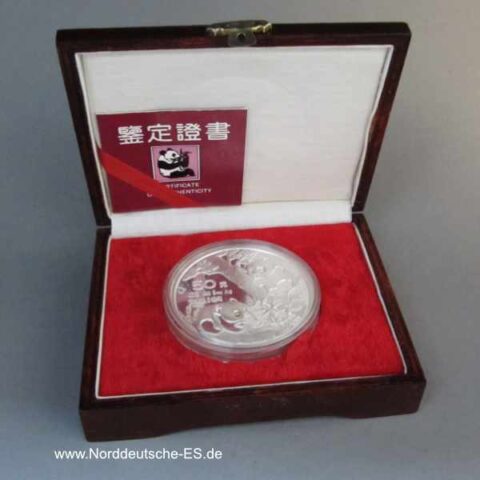 China 50 Yuan 5 oz Panda Feinsilber 999 original Kapsel in Holzbox mit Zertifikat