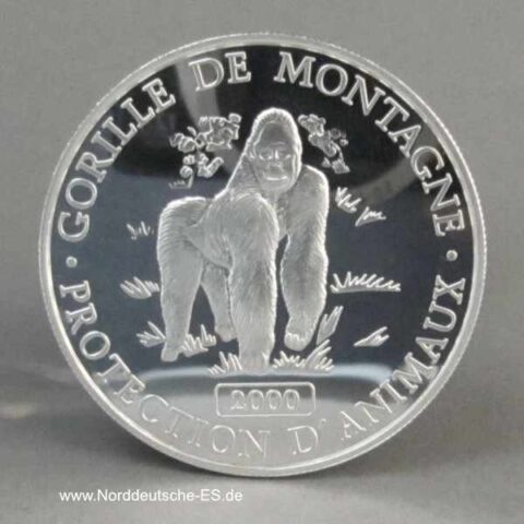 Kongo 10 Francs Silbermünze Berggorilla 2000 PP