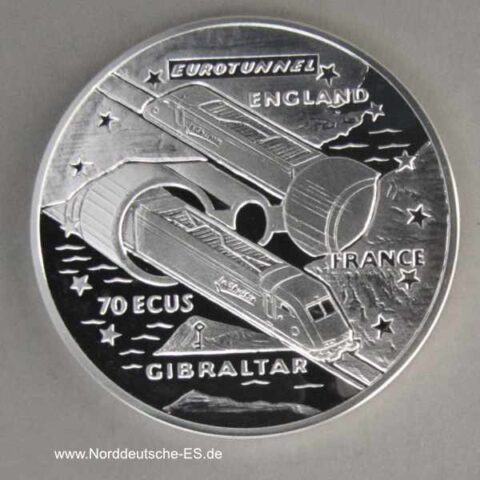 Gibraltar 70 Ecus Silber 1993 Eurotunnel Paris London 5 Unzen PP