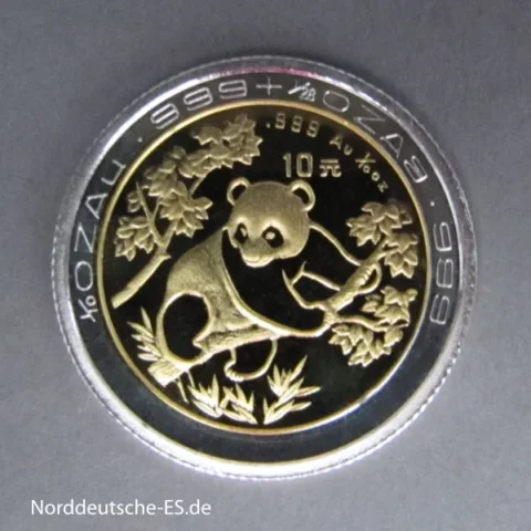 China Panda 10 Yuan 1992 Bimetall Gold Silber Münze