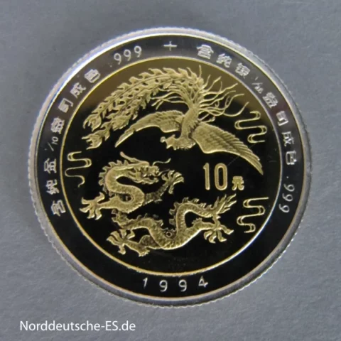 China Drache und Feuervogel 10 Yuan 1994 Bimetall Gold Silber Münze