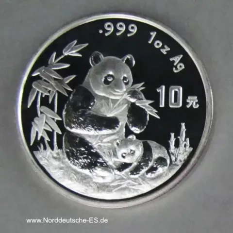 China Panda 10 Yuan 1 oz Silber 1996 PP kurze Serife