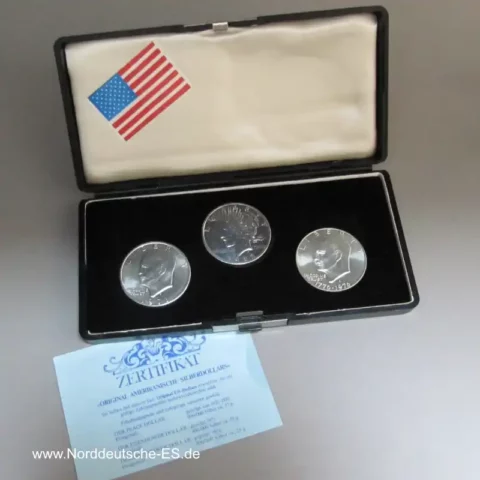 USA Original Amerikanische Silberdollars im Etui Set mit 3 Münzen und Zertifikat