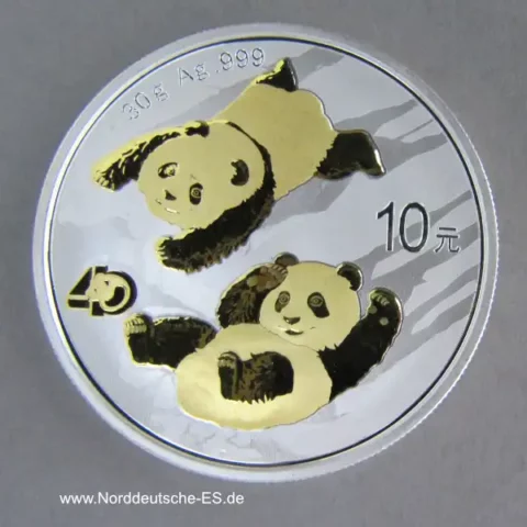 China Panda 10 Yuan 30 Gramm Silber 2022 teilvergoldet