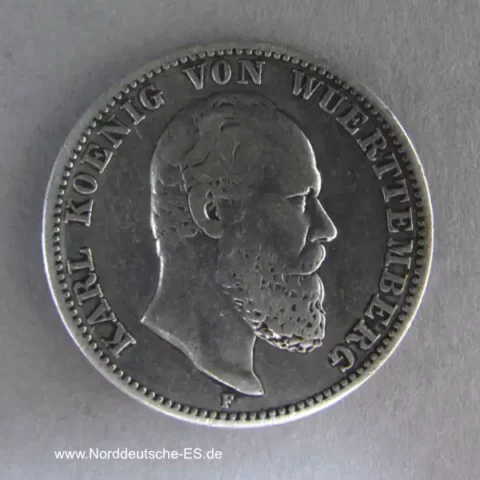Deutsches Reich 2 Mark Karl von Württemberg 1876-1888 Silbermünze