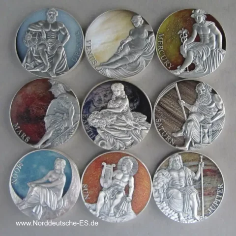 2 Cedis Ghana Planeten und Götter 2022 Antik Finish 9 x Silbermünzen koloriert