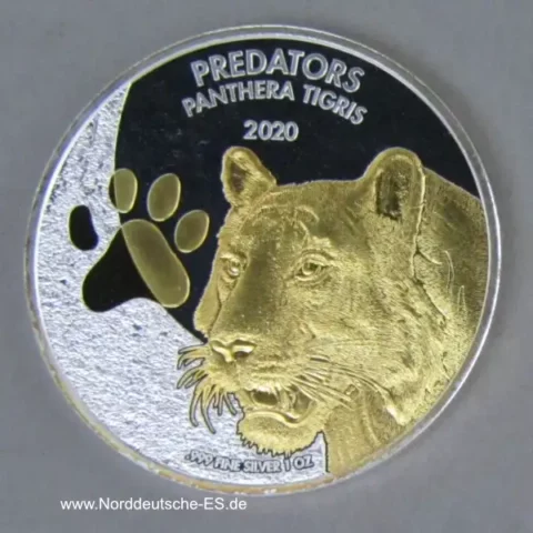 Kongo 20 Francs Silber Predators Panthera Tigris 2020 teilvergoldet