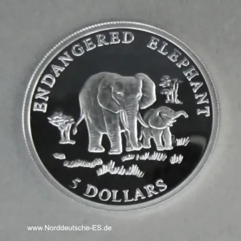 Liberia 5 Dollars Silber Endangered World Elephant 2000